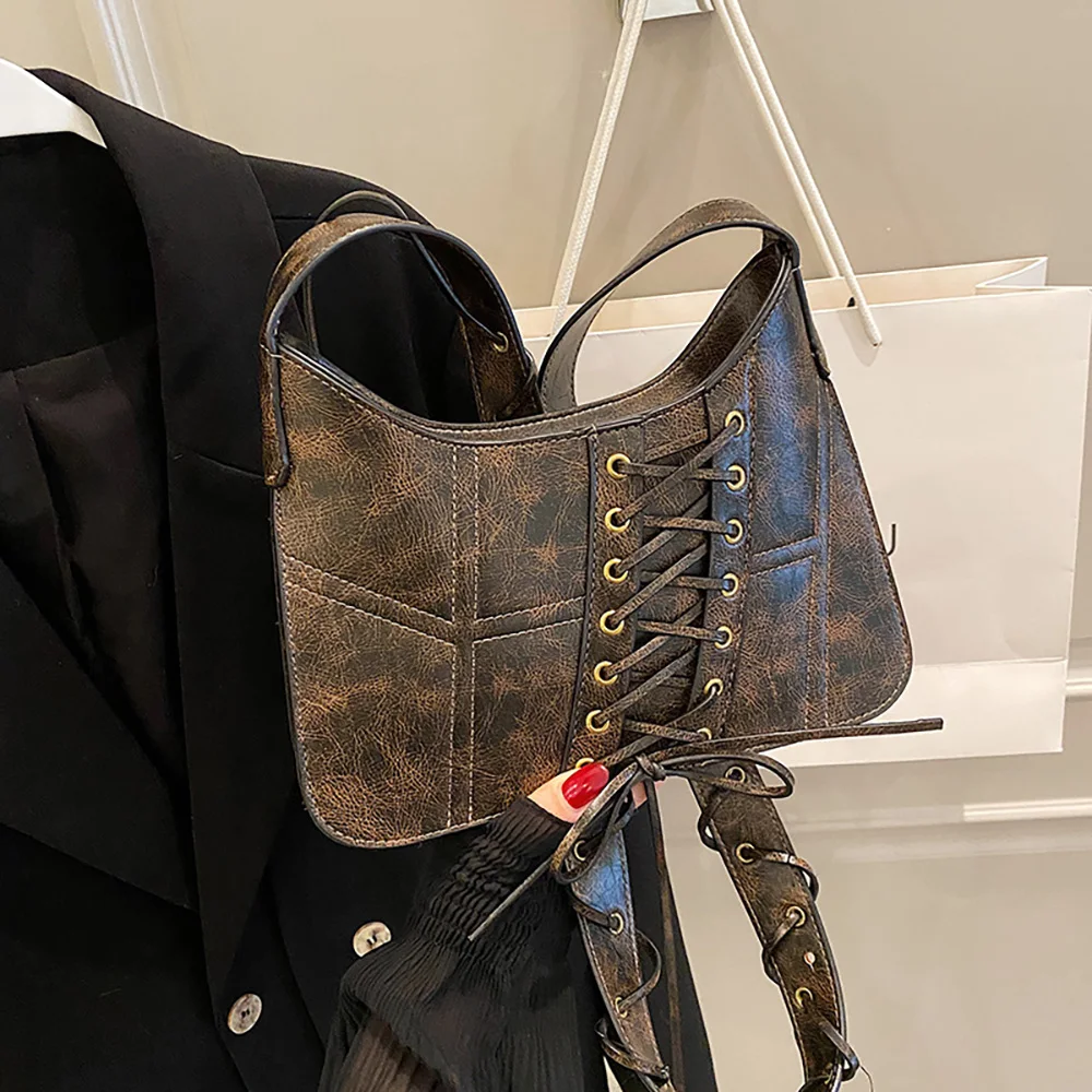 

Women Square Underarm Bag European Style Vintage Coffee Pu Lather Shoulder Bag Chic Designer Bandage Crossbody Bags Y2K