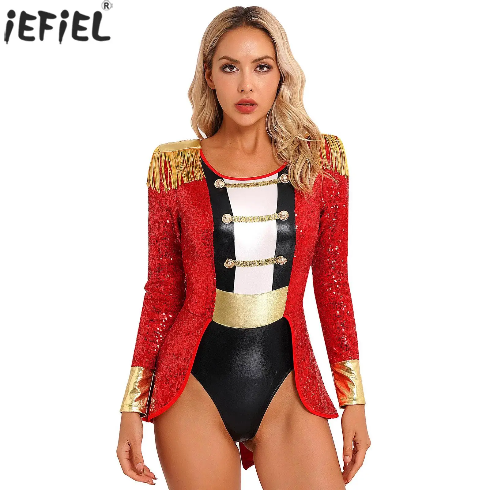 

Womens Circus Ringmaster Halloween Roleplay Outfit Cosplay Costume Bodysuit Underwear Long Sleeve Shiny Sequin Tail Jumpsuit