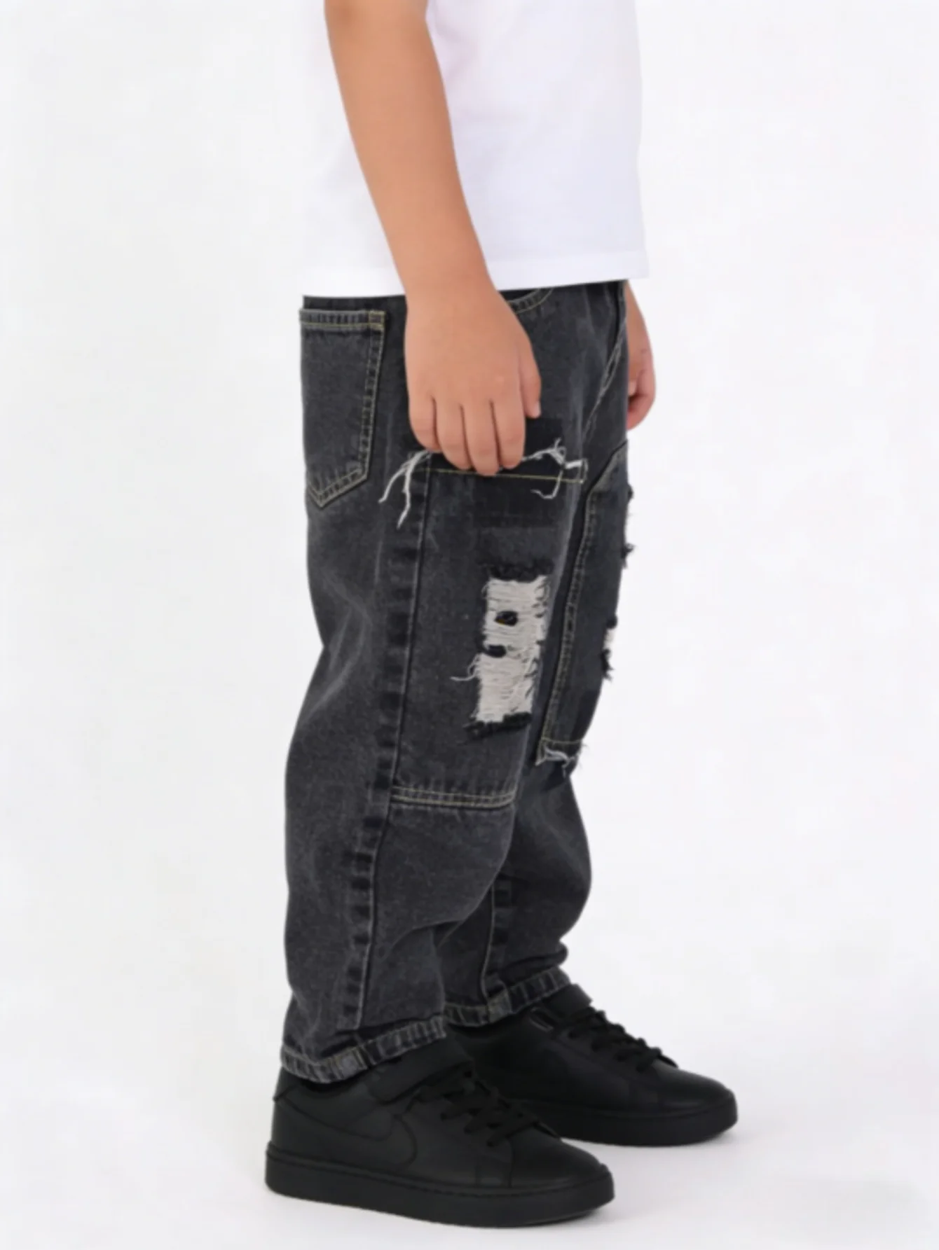 소년용 블랙 디스트레스드 패치 데님 청바지 키즈 빈티지 루즈핏 팬츠 아동용 엘라스틱 허리 스트리트웨어 바지 2026 신상품