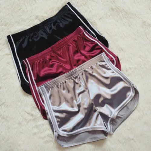 

Womens Summer Casual Beach Slim Ladies Striped Satin Silk High Waist Waistband Shorts Black Silver Wine Red Shorts