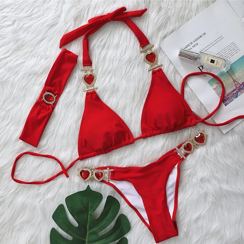 Women Swimsuit 2 Piece Sexy Shiny Crystal Diamond Rhinestones Bandage Bikini Set