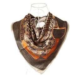 Elegant Navy Blue Silk Scarf with Chinese Rose Design - Large Square Ladies' Fashion Accessory (Khaki plaid)