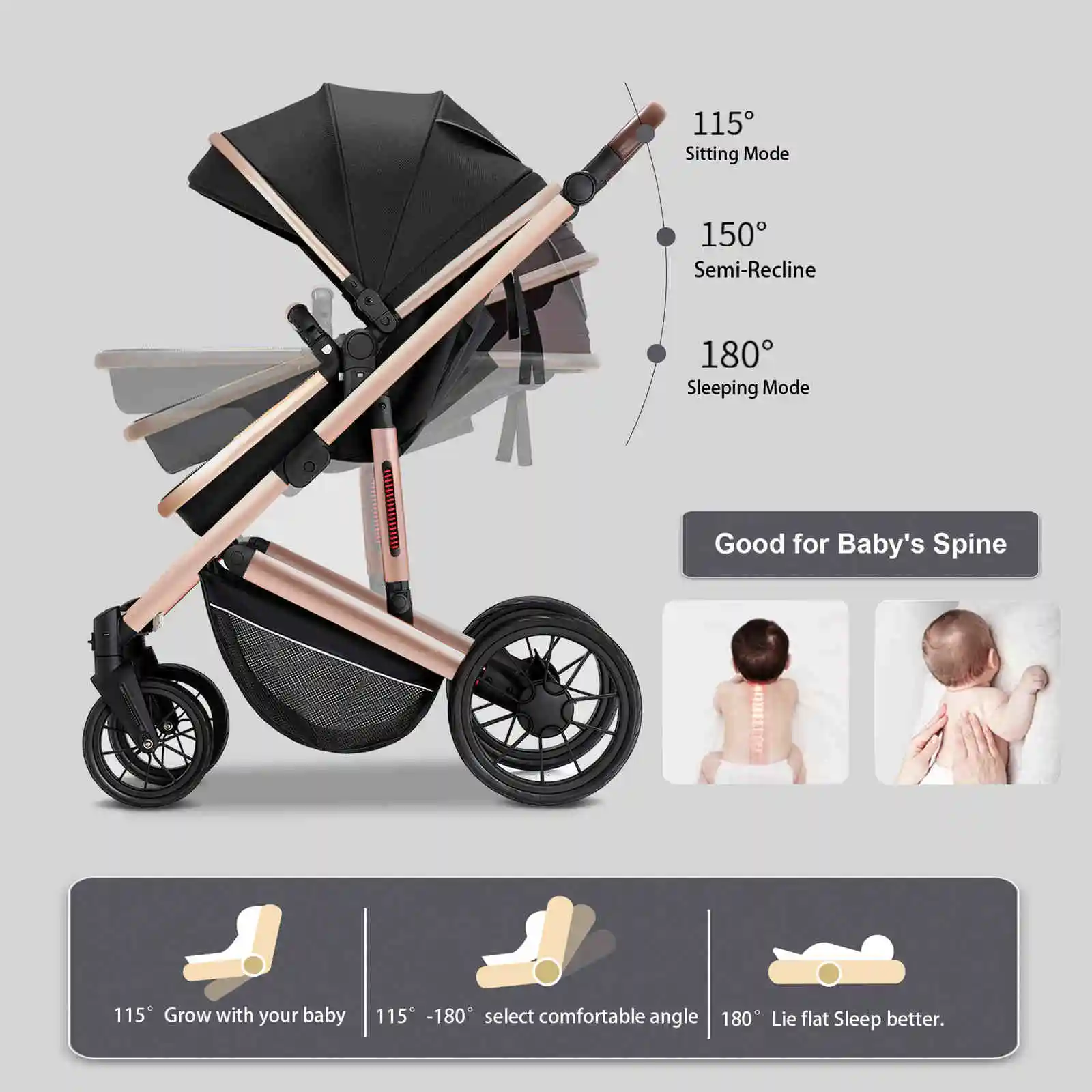 Baby Stroller, Infant Pram, Potable Travel Baby Carriage, Newborn Bassinet Pram, Reversibale Stroller