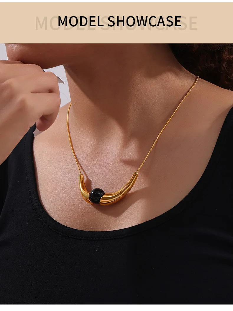 Natürliche schwarze Achat Stein Anhänger Halskette für Frauen 316l Edelstahl vergoldet Schlangen knochen Kette Gothic Schmuck Geschenk – Detail 4