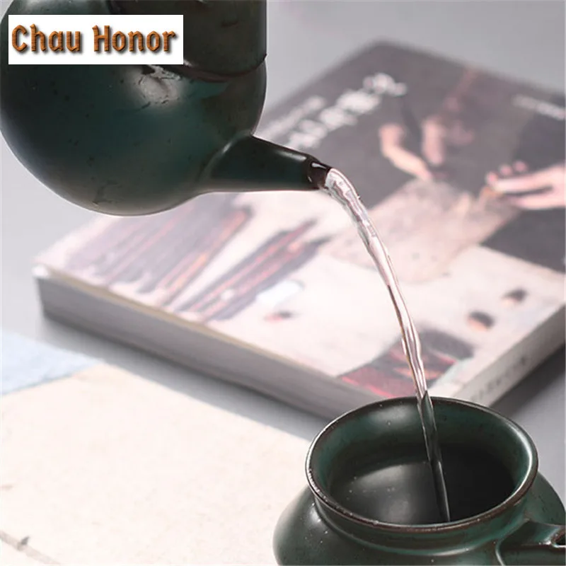 240ml Retro Balck Coarse Ceramic Teapot Handmade Japanese Style Wood Side Handled Teapot Dahongpao Master Pot Mug Gift Packaging