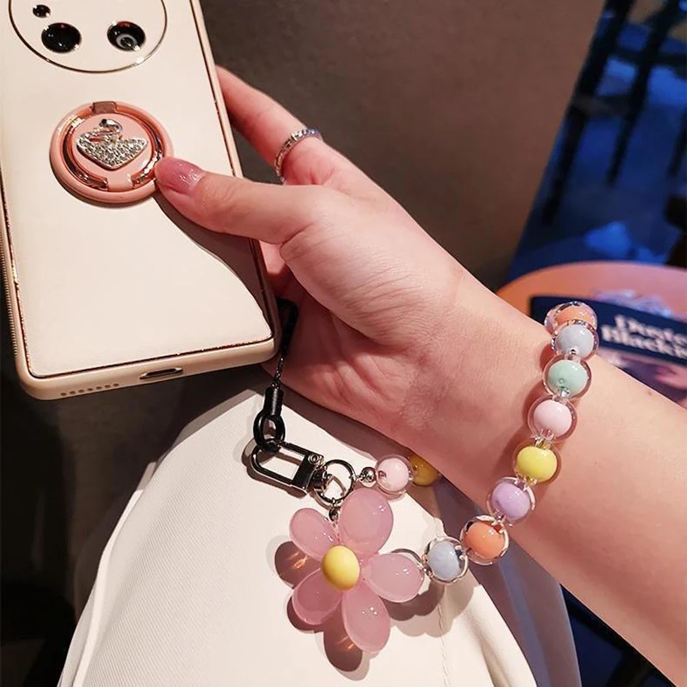 Phone Charm Colorful Lanyard Bow Heart Beaded Bracelet Flower Butterfly Pearl Mobile Phone Wrist Strap Acrylic Anti-Lost Chains
