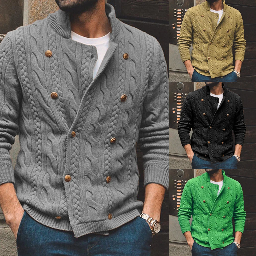 

Men's Solid Half Turtleneck Double Breasted Knit Sweater Jacket Warm Cardigan Button Down Cable Knitted Coat
