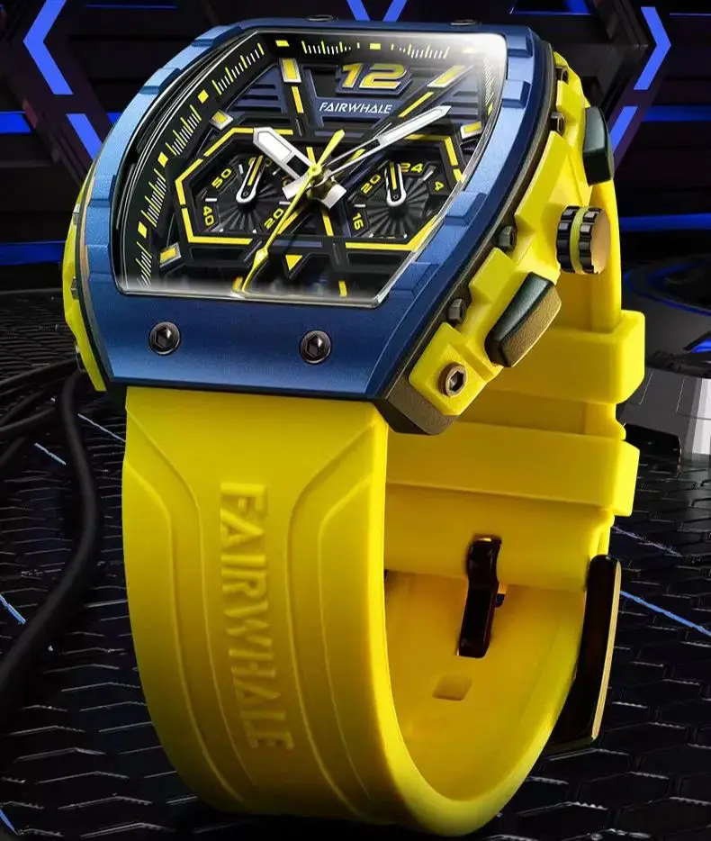 

Fashion Men Watches 2023 Luxury Brands Mark Fairwhal Tonneau Clock Sports Yellow Silicone Strap Waterproof Quartz Man Wristwatch