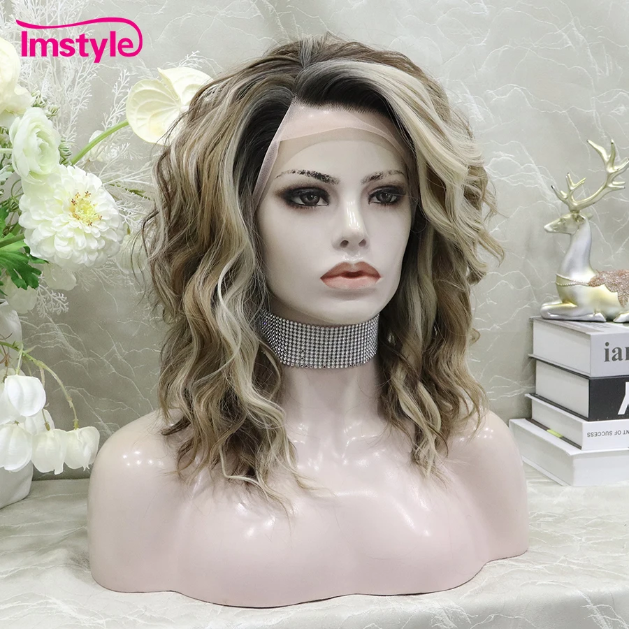 Synthetic Wig Imstyle Short Brown Lace Front Highlight Blonde Deep Wave For Women Heat Resistant Fiber Daily 14''