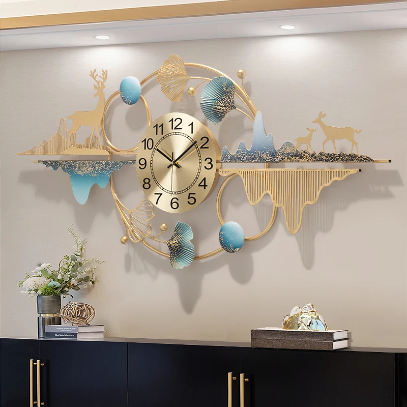 

Modern Luxury Ginkgo Deer Wrought Iron Wall Clocks Home Livingroom Wall Mural Crafts Restaurant Market Wall Sticker Decoration