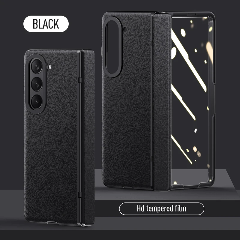 

For Samsung Galaxy Z Fold 5 Case Skin Friendly Matte Leather Folding Hinge With Tempered Film All inclusive Shockproof Hard Case