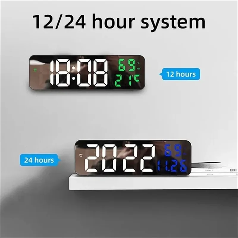 Wall Clock Led Wall Clock Large Screen Digital Mirror Adjustable Brightness Temp Humidity Date Display Alarm Clocks For Home Living Room