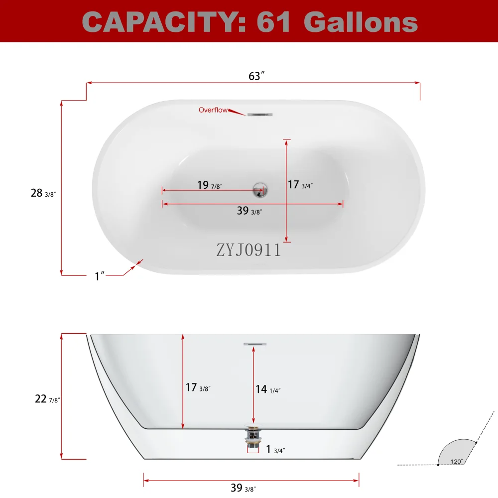 63" Shiny White Acrylic Freestanding Soaking Bathtub with Chrome Overflow and Drain, cUPC Certified-63*28.8 22A09-63
