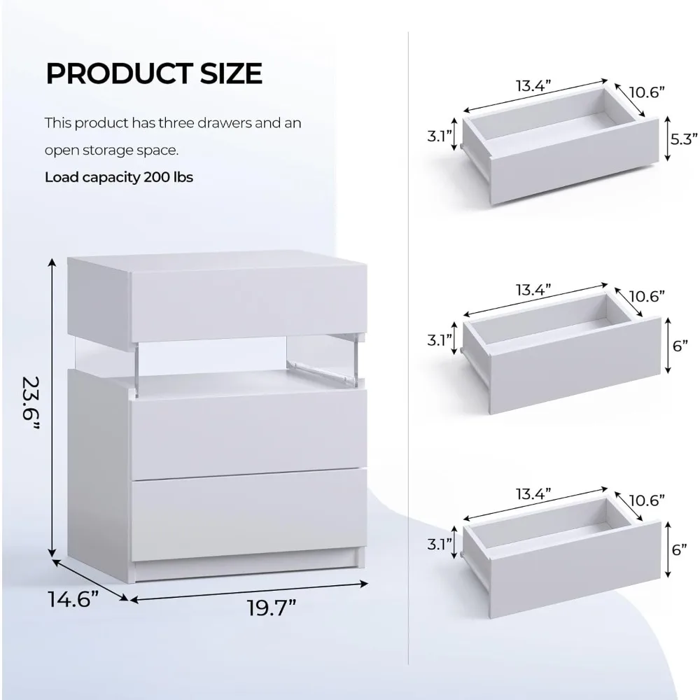 Night Stand Set 2 White Nightstand Set of 2 with 3 Drawers LED Night Stands for Bedrooms Set of 2 Modern White Night Stand