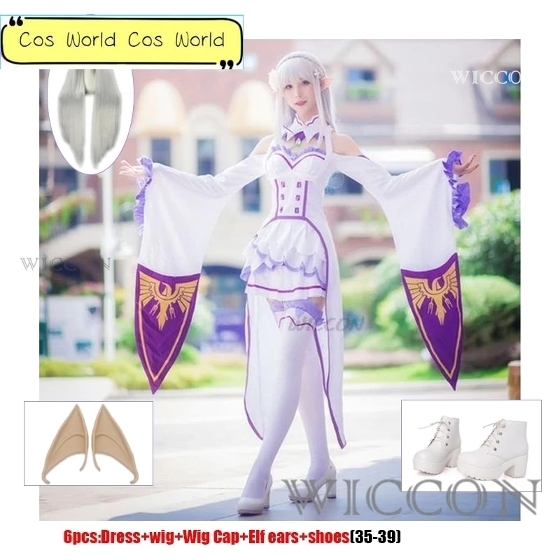 

Anime Emilia Cosplay Rezero Costume shoes Cosplay Costume lolita cute Wig Women Dress Halloween Costumes for Women Elf ears