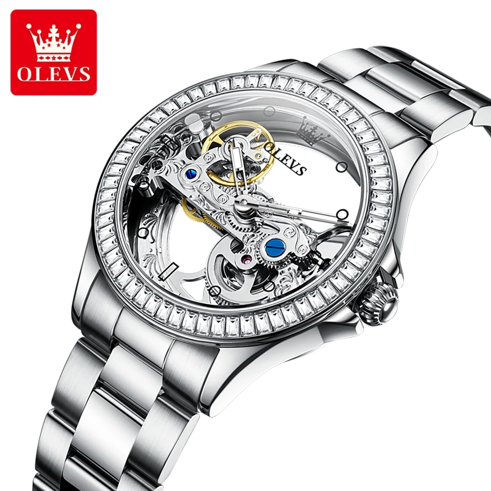 OLEVS Brand Fashion Skeleton Mechanical Watch Men Luxury Stainless Steel Waterproof Transparent Watches Mens Relogio Masculino