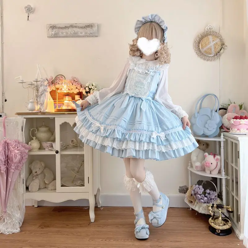 Kawaii Princess Sweet Lolita Ruffles Dress JSK Summer Suspender Dress Girly Lace Bowknot Party Loli