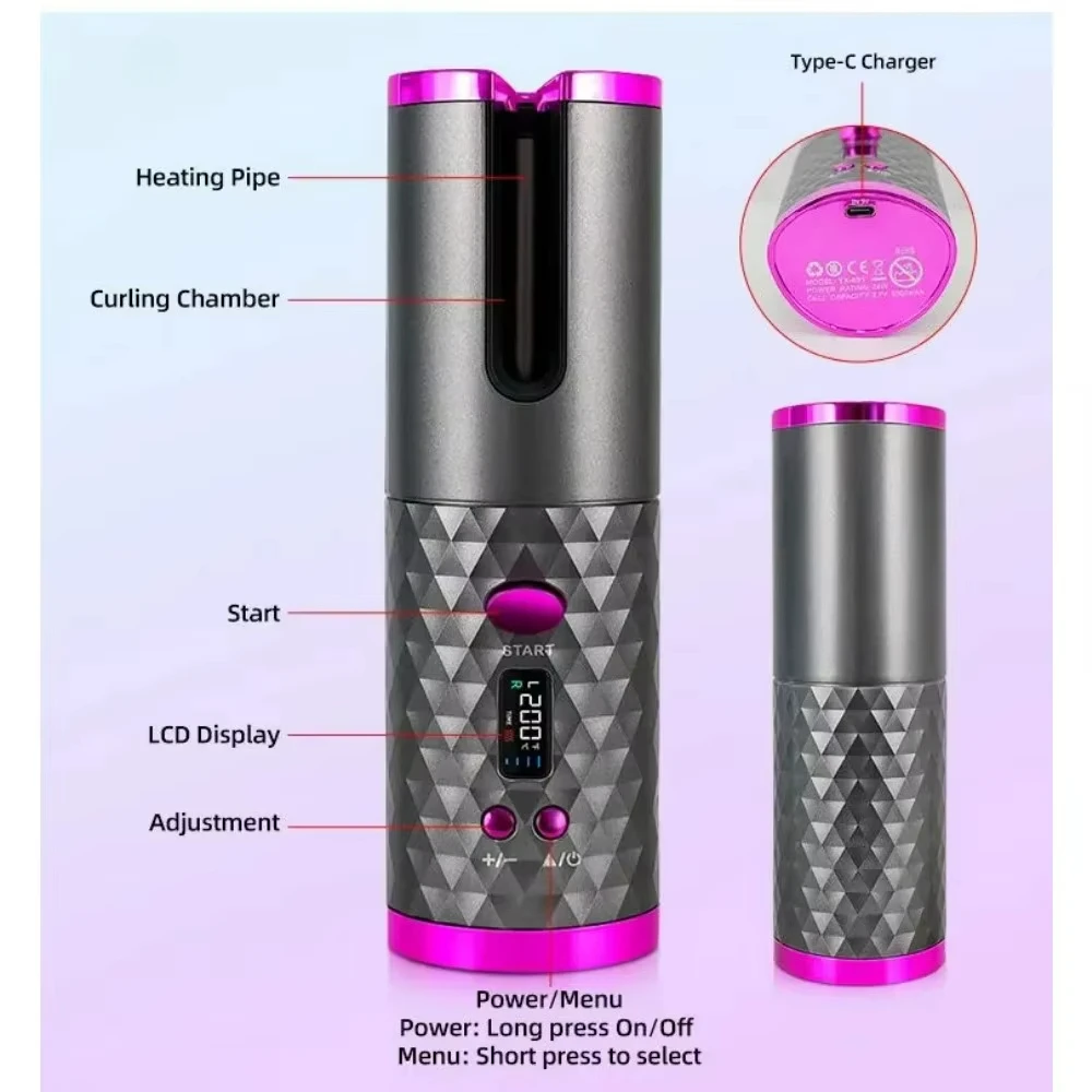 AONEZ Auto Rotating USB-C Cordless Hair Curler Adjustable Temp Time Fast Heat Curling Iron for Effortless Styling Travel Home
