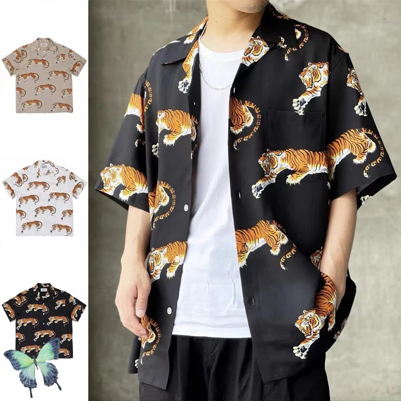 Hip Hop Men Women Streetwear WACKO MARIA Tiger Print Hawaiian Short Sleeve  Shirt T-shirt