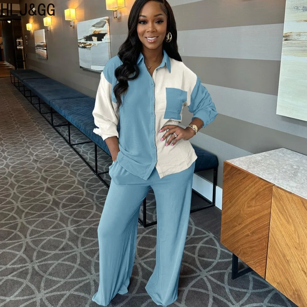 HLJ&GG Elegant Office Lady Patchwork Color Two Piece Sets Women Turndown Collar Long Sleeve Shirts + Wide Leg Pants Outfits 2023 luckymarche active terry half zip collar t shirts qwtax23331pix