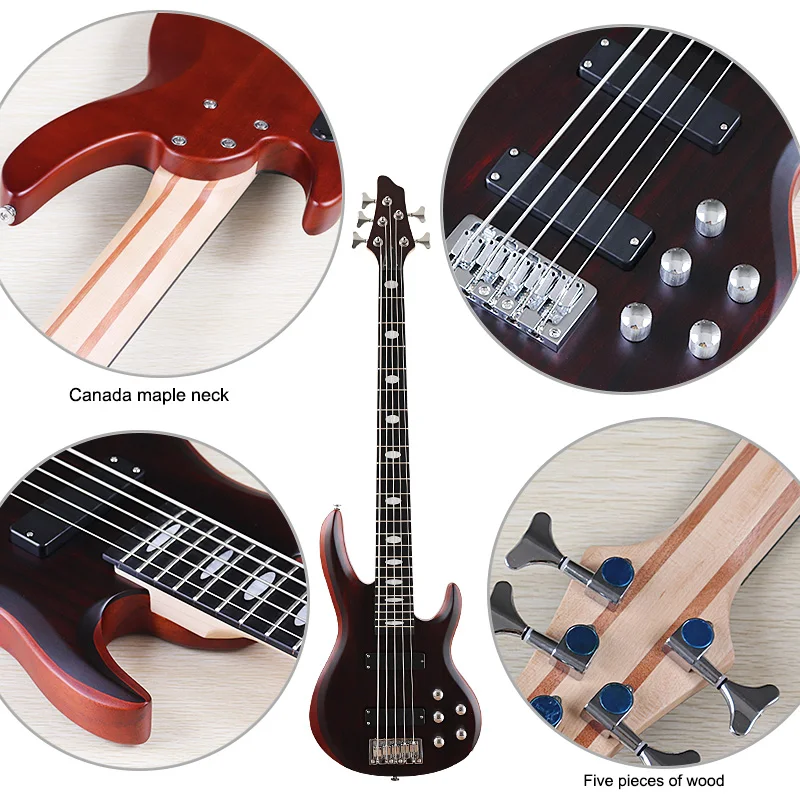 Electric Bass Guitar 5 Strings Right hand with frets Matte Electric Bass Guitar 43inch Hickory Wood Top solid okoume wood body bass guitar