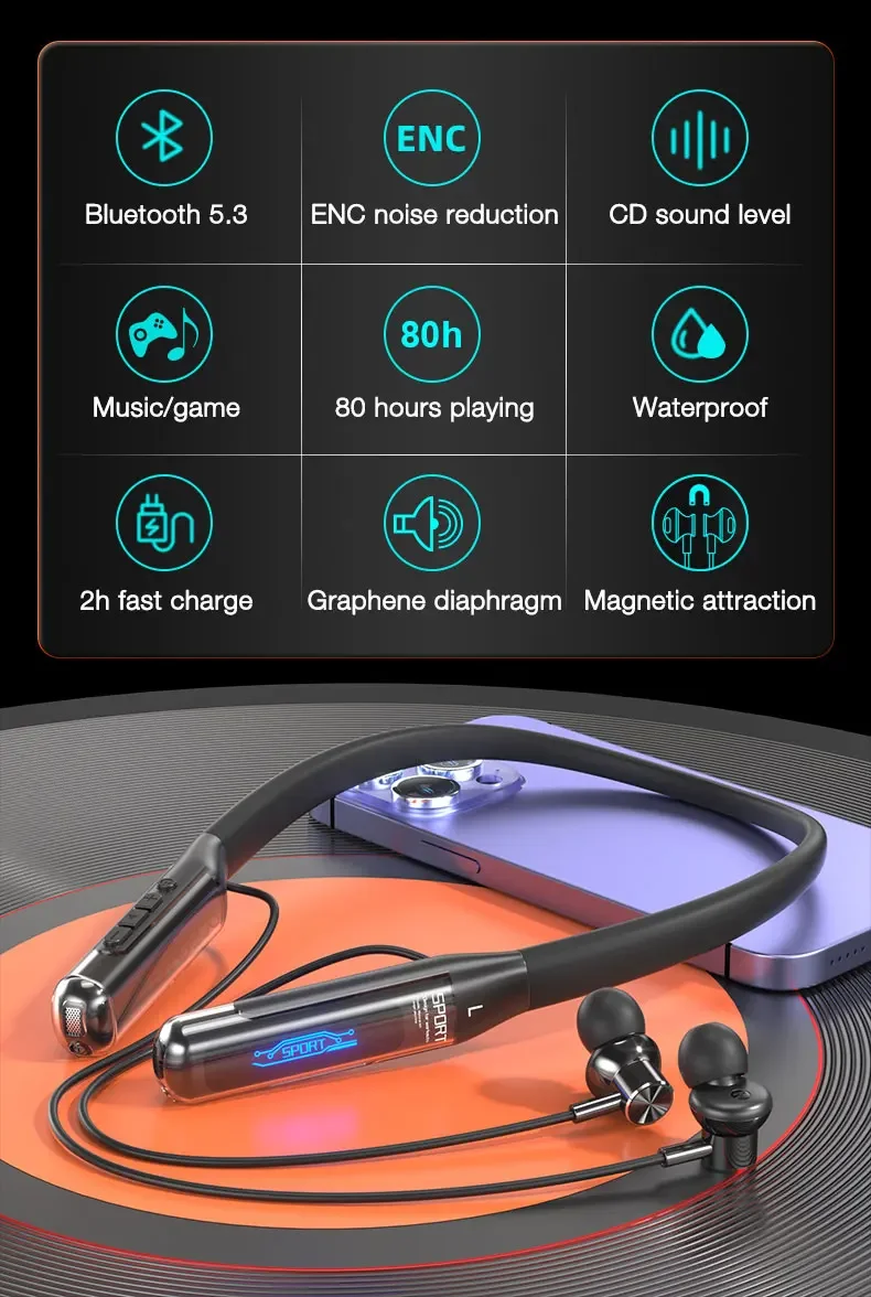 Neckband Bluetooth headphones with 80 hours battery life and Type C charging.