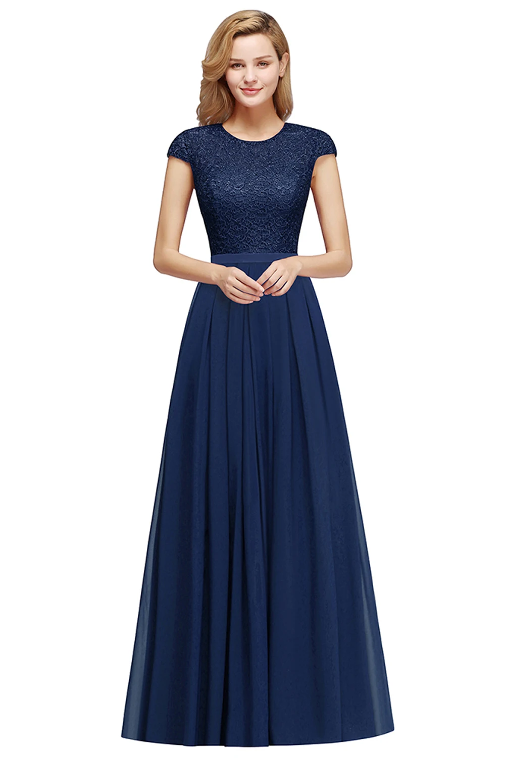 Navy Blue Elegant Short Sleeves Chiffon Candy Pink Lace Evening Dresses Women Formal Wedding Prom Party Gowns Robe De Soirée