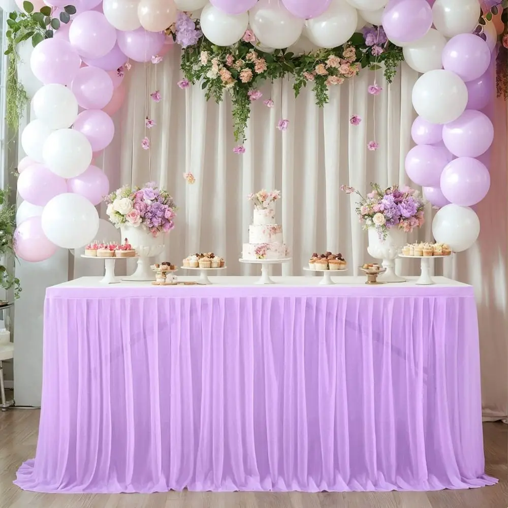 Glitter Pearl Chiffon Guaze Ruffle Dining Table Skirt Thin 6FT Gauze Wedding Table Curtain Reusable Tablecloths