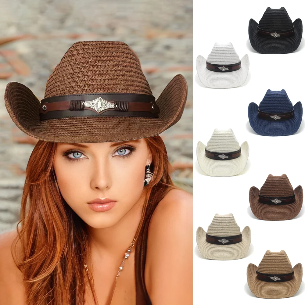 

Men Women Soft Straw Western Cowboy Hats Wide Brim Sunhat Summer Caps Sombrero Travel Sunbonnet Outdoor Beach Size US 7 1/4 UK L
