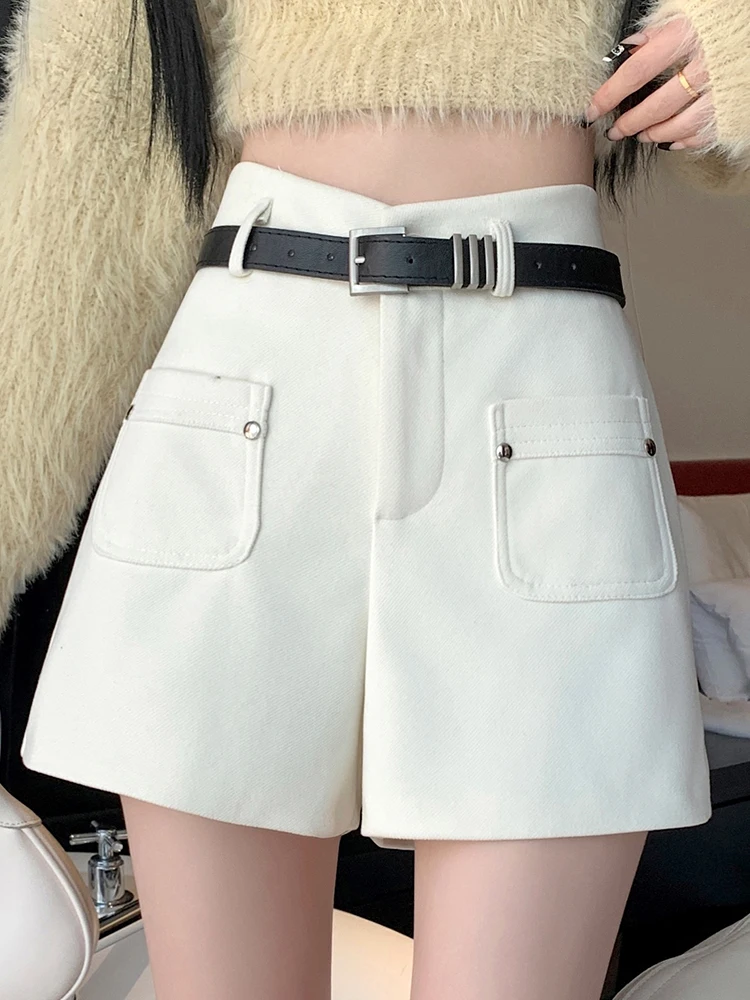 QOERLIN Stylish Woolen Boost Shorts Women Winter Autumn High Waist A-Line Wide Leg Loose Casual Black Shorts Pocket Fashion 2024