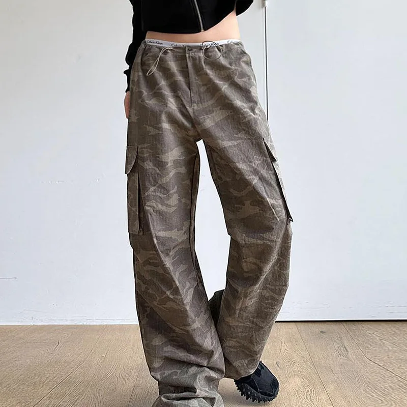

2023 Camouflage Drawstring Wide Leg Casual Women's Pants Low Rise Loose American Straight Hip Hop Y2k Baggy Overalls Cargo Pants