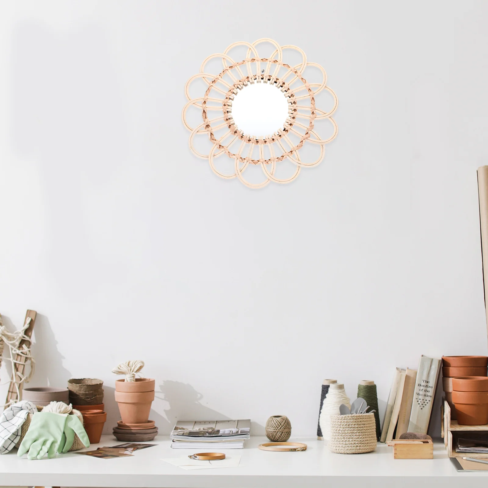 

Rustic Rattan Mirror Bedroom Bathroom Wall Hanging Woven Mirror Craft Photo Prop