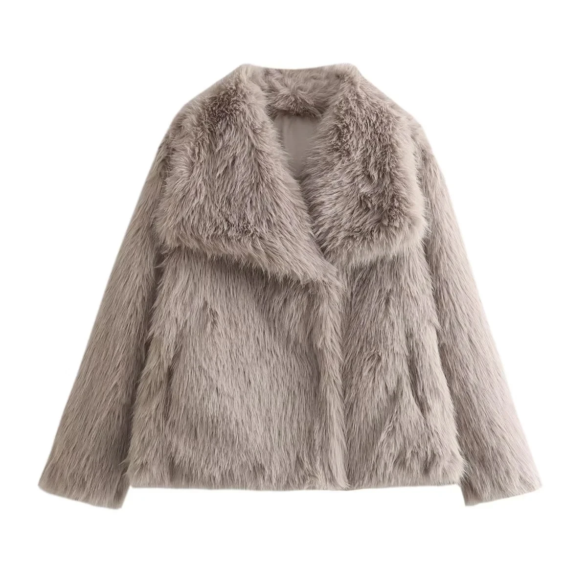 thumbnail image 1 of HH TRAF Chaqueta holgada de piel sintética a la moda para mujer, elegante abrigo de felpa de manga larga con abertura frontal, abrigo informal de gran tamaño con solapa para mujer, 1 of 5