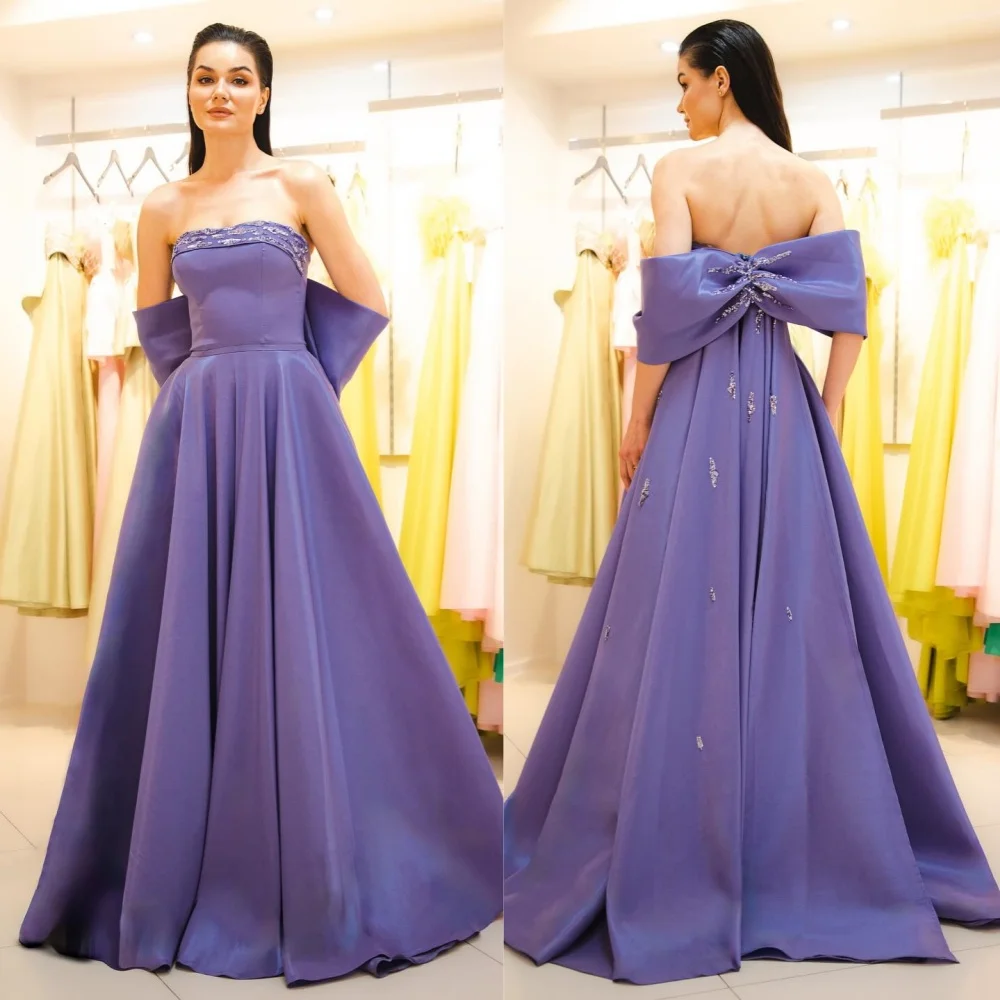 

Saudi Arabia Prom Dress Evening Jersey Draped Pleat Sequined Bow Graduation A-line Strapless Bespoke Occasion Gown Long Dresses