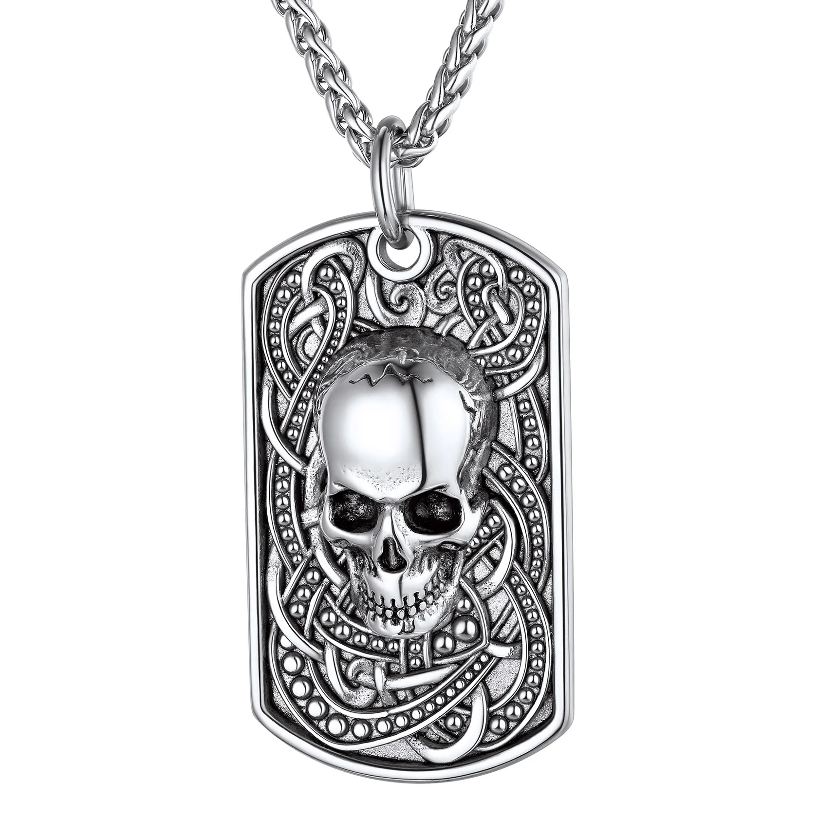 Skull Necklace, Skull Dog Tag Pendant, Mens Necklace, Skull and