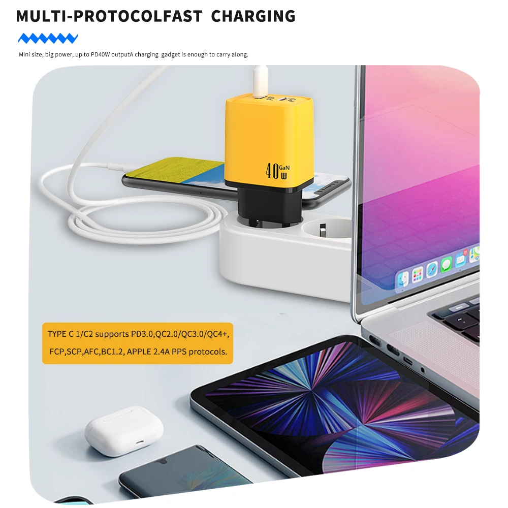 40W GaN Dual PD Ports Fast Charging Type C Wall Charger Adapter For iPhone 15 14 Xiaomi Samsung Quick Charge 3.0 Phone Charger
