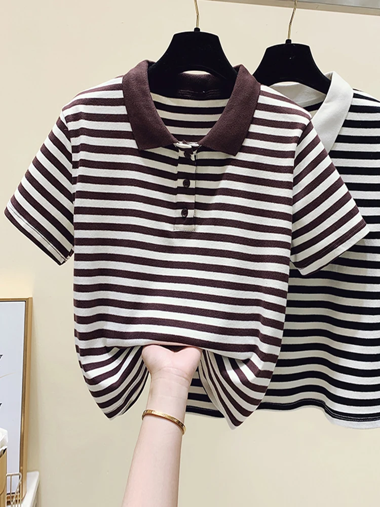 

New 2022 Summer Cotton Tops Woman T-shirt Striped Tops Turndown Collar Tee Shirt Black White Short Sleeve Tshirt Women Clothes