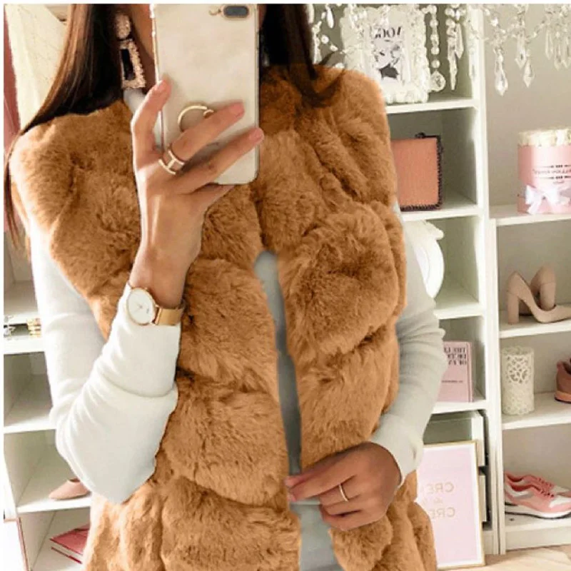 Long Warm Faux Fur Coat Women Vest Sleeveless Outerwear Jacket S-4XL Fluffy Artificial Fur Coat Vintage Sleeveless Tops