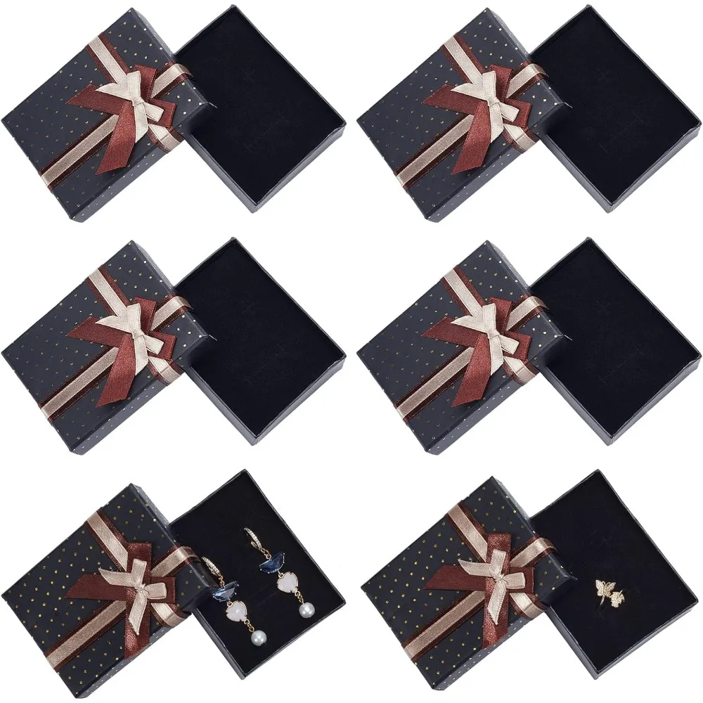 

Подарочная коробка для ювелирных изделий, 6 шт., картонные рождественские подарки 3,7x2,8x1,2 дюймов, коробки с волнистым бантом из ленты для колец и серег