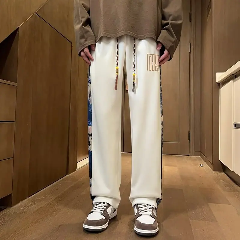 Chinese Style Casual Pants Men Bear Embroidered Spring and Autumn Loose High Waist Wide Straight Leg Sweatpants Male Streetwear spring autumn jeans men casual pants high street style hip hop loose male tie dye oversized wide leg gradient straight trousers