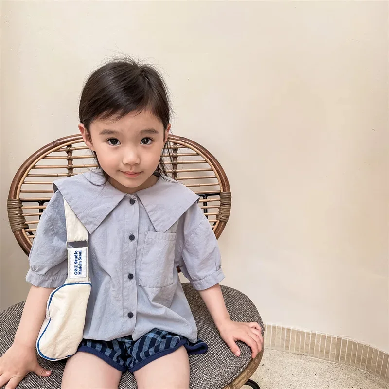 deer jonmi Summer Baby Girls Casual Shirts Letters Embroidery Korean Style Short Sleeve Tops Toddlers Kids Blouses