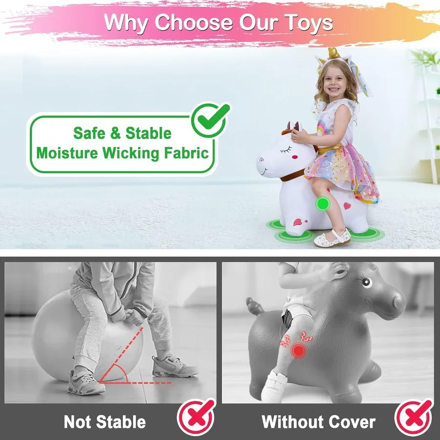 iPlay iLearn Bouncy Pals White Hopping Horse Inflatable Bouncing Animal Hopper Toy with Pump Plush Ride on Bouncer for Indoor O
