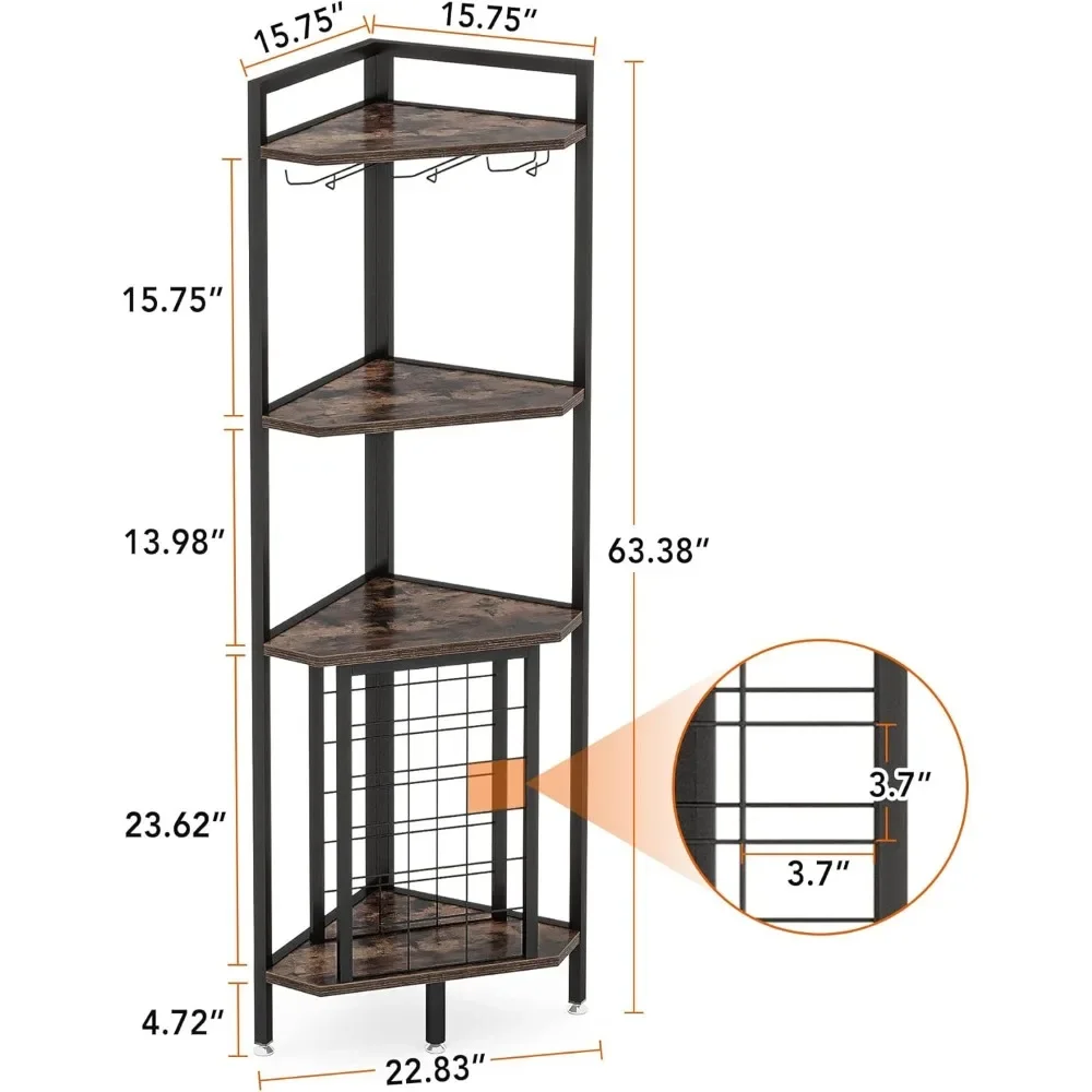 Corner Wine Rack with Glass Holder and Storage Shelves, 4 Tier Bar Wine Cabinet, Industrial Corner Cabinets - Image 5