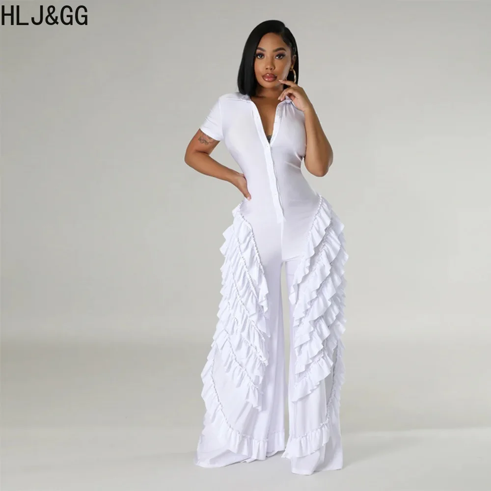 HLJ&GG Spring New Tassels Ruffle Design Bodycon Jumpsuits Women Deep V Short Sleeve Slim Rompers Fashion Female Ruched Overalls