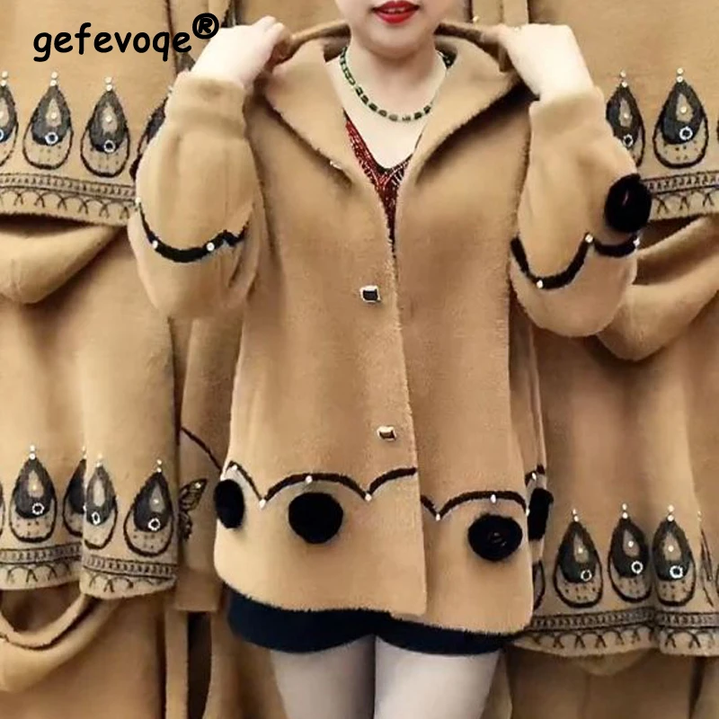 

Middle Aged Elderly Women Vintage Fashion 3D Flower Rhinestone Velvet Mink Coats Autumn Winter Mother Casual Loose Hooded Jacket