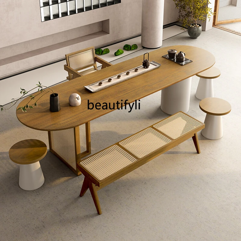 

Tea Room Zen Solid Wood Table-Chair Set Boss Office Oval Tea Making Table