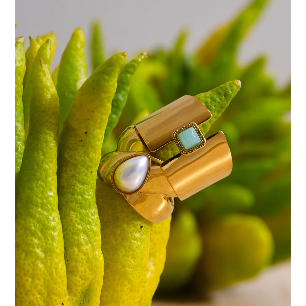 Yhpup Ring Amazon Stone Pearl Open Golden Cast for Women