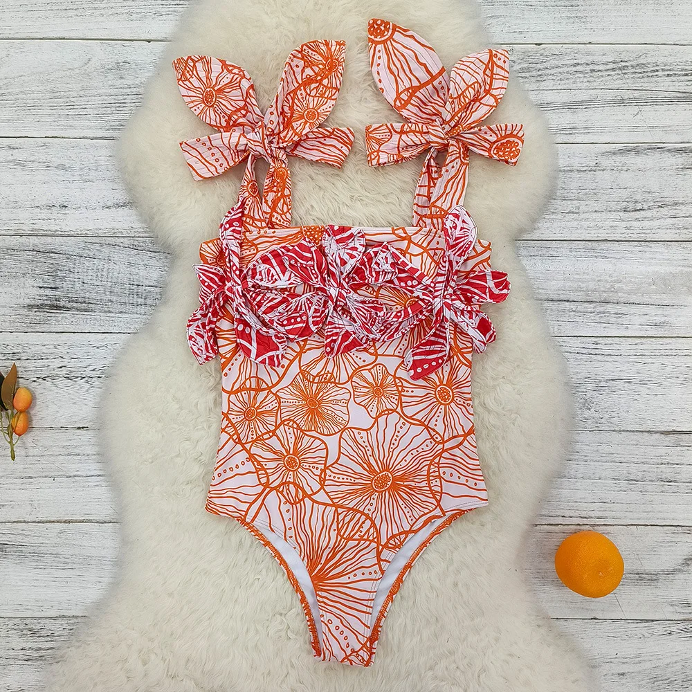Women High Waist Bikini Beach 2023 New Triangle One-piece Swimsuit Sling Straps Print Swimwear Suit for Bikini Beach