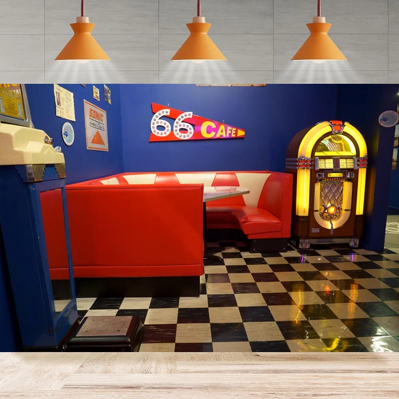 Route 66 Cafe Photography Fondale Diner Restaurant Juke Box 50S Diner 1950S Party Background Party Background Wall Banner Decor
