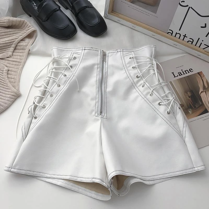 old navy shorts Women's New Korean Design Zipper Drawstring High Waist Pu Leather Shorts Black White Brown winter dresses for women Shorts